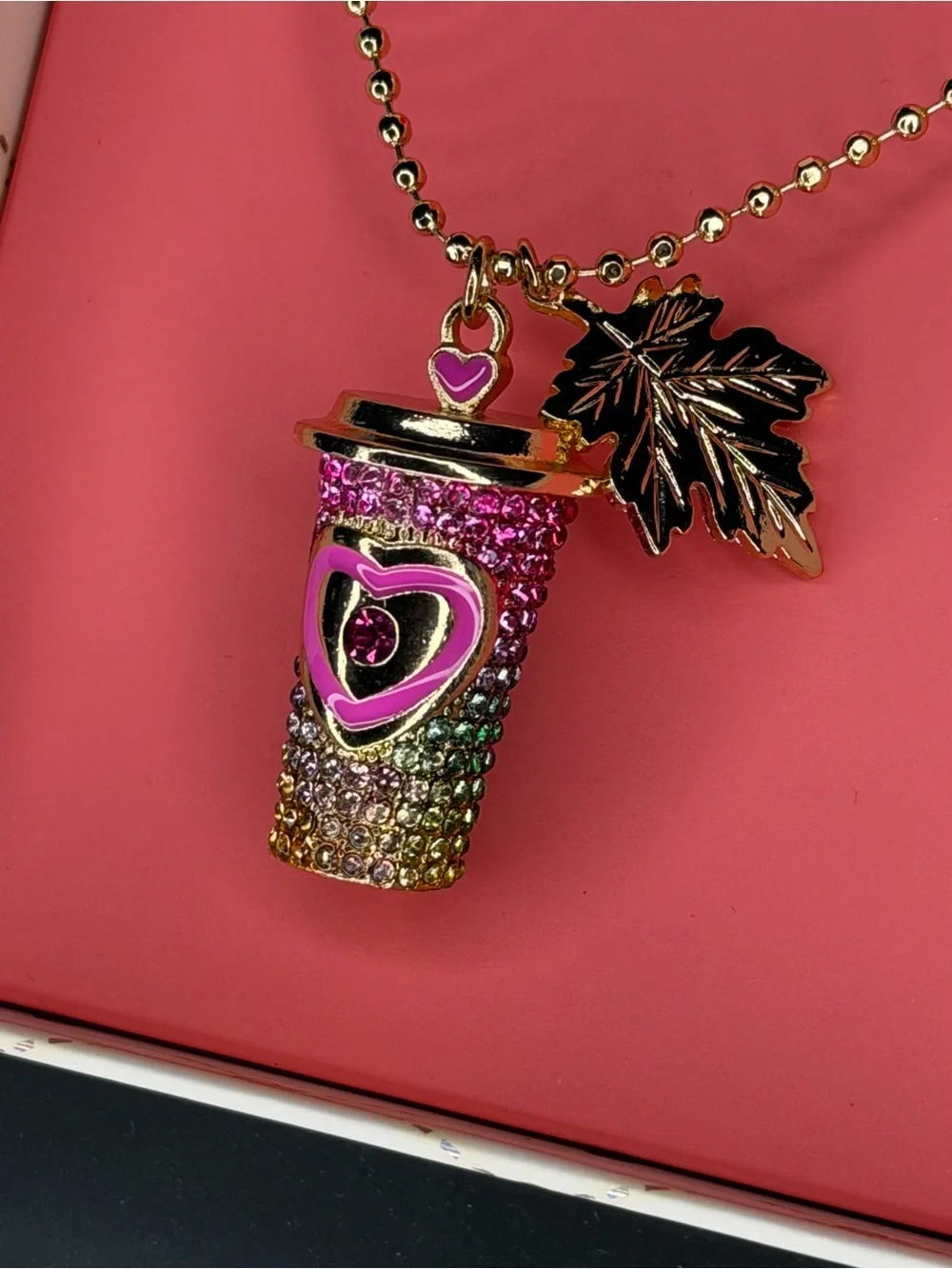 Betsey Johnson Pink Gold Jeweled Coffee Cup Charm Necklace